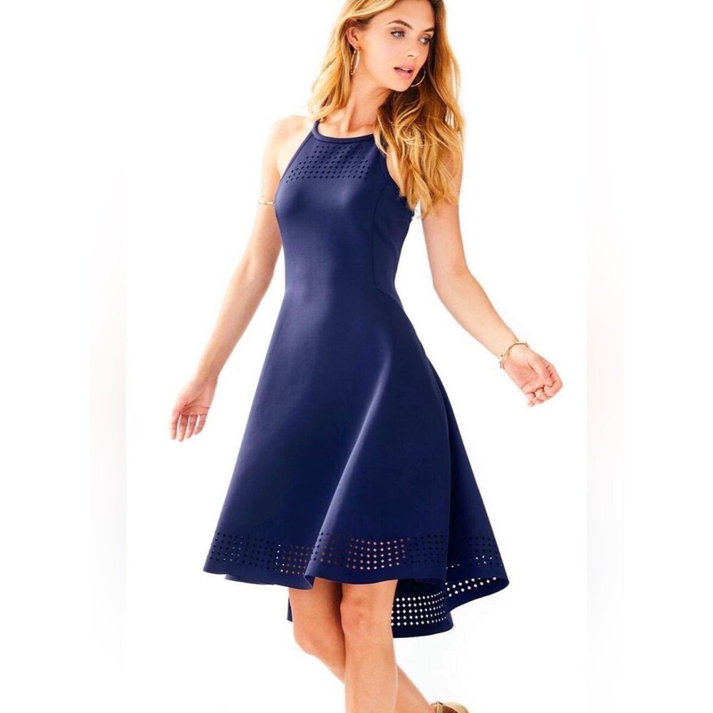 Lilly Pulitzer Aurelia  Navy Laser-Cut High-Low Halter midi Dress. Sz S.